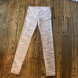 athleta girl pink white and gray thin striped leggings